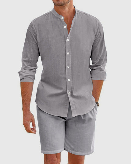 Ensemble chemise boutonnée en lin et shorts coordonnés pour homme, été