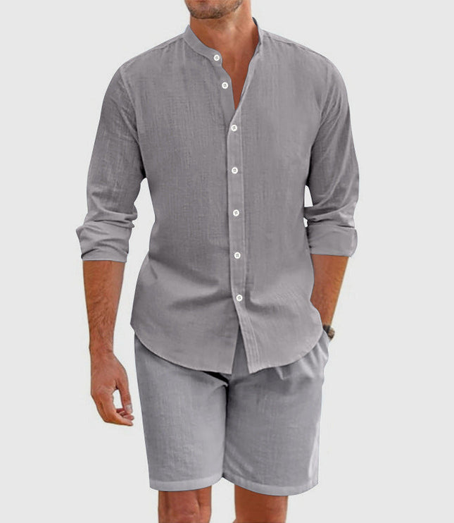 Ensemble chemise boutonnée en lin et shorts coordonnés pour homme, été