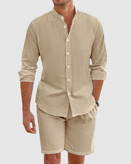 Ensemble chemise boutonnée en lin et shorts coordonnés pour homme, été