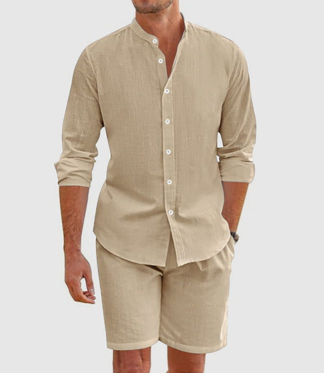 Ensemble chemise boutonnée en lin et shorts coordonnés pour homme, été