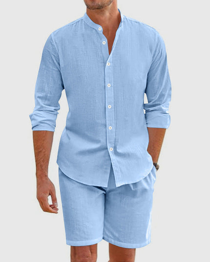 Ensemble chemise boutonnée en lin et shorts coordonnés pour homme, été