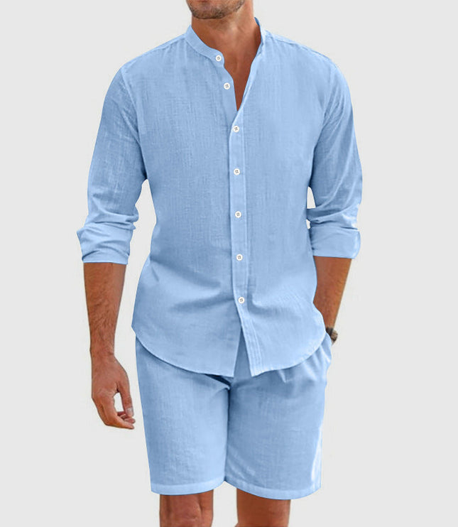 Ensemble chemise boutonnée en lin et shorts coordonnés pour homme, été