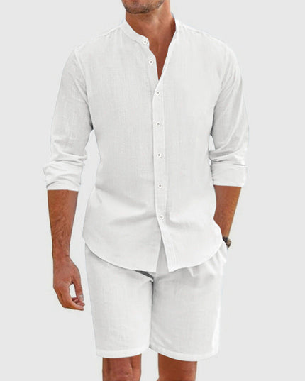 Ensemble chemise boutonnée en lin et shorts coordonnés pour homme, été