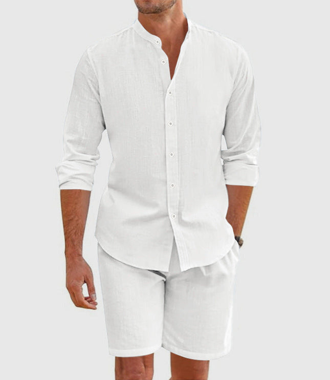 Ensemble chemise boutonnée en lin et shorts coordonnés pour homme, été