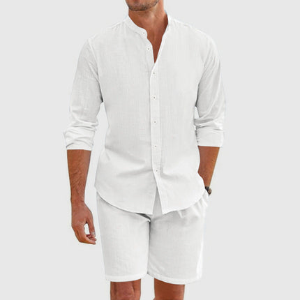 Ensemble chemise boutonnée en lin et shorts coordonnés pour homme, été