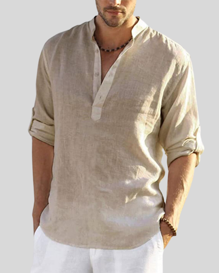 Chemise Henley en lin d'été pour homme à manches longues avec patte de boutonnage