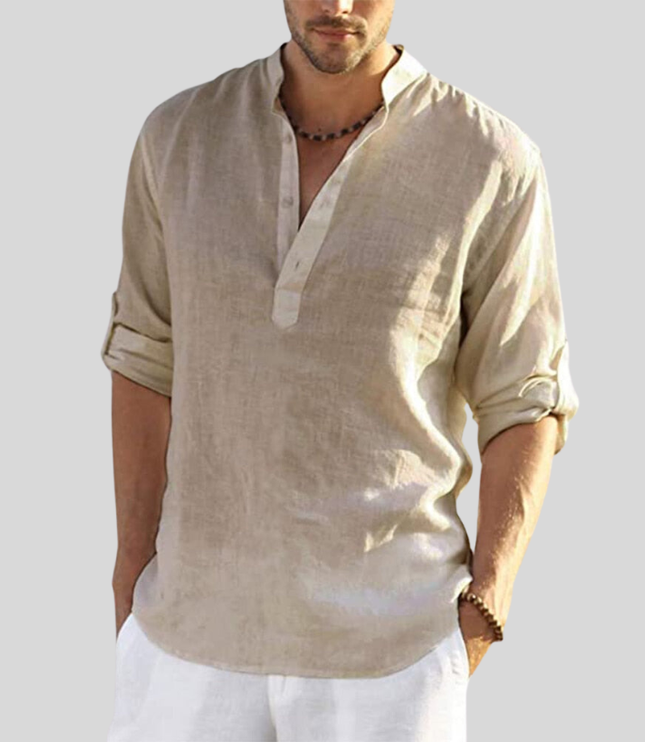 Chemise Henley en lin d'été pour homme à manches longues avec patte de boutonnage