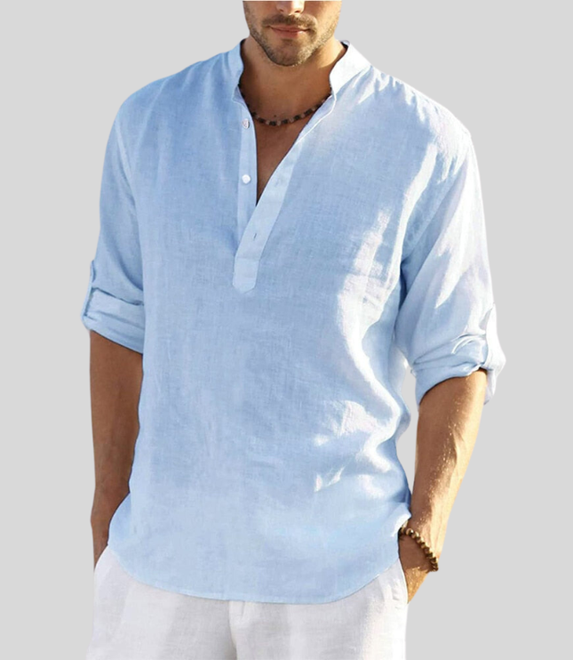 Chemise Henley en lin d'été pour homme à manches longues avec patte de boutonnage