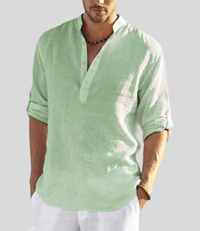 Chemise Henley en lin d'été pour homme à manches longues avec patte de boutonnage
