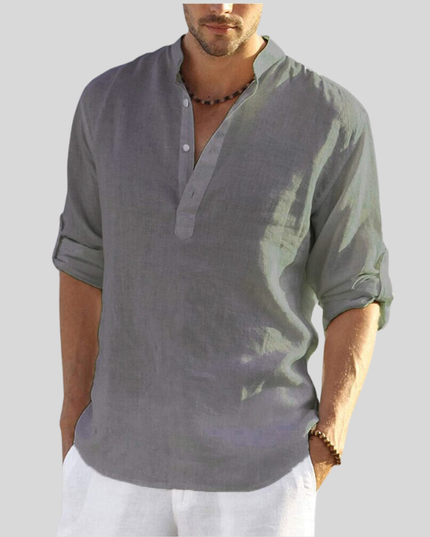 Chemise Henley en lin d'été pour homme à manches longues avec patte de boutonnage
