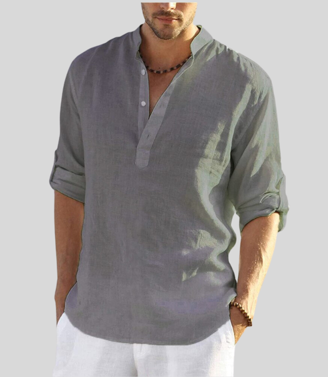 Chemise Henley en lin d'été pour homme à manches longues avec patte de boutonnage