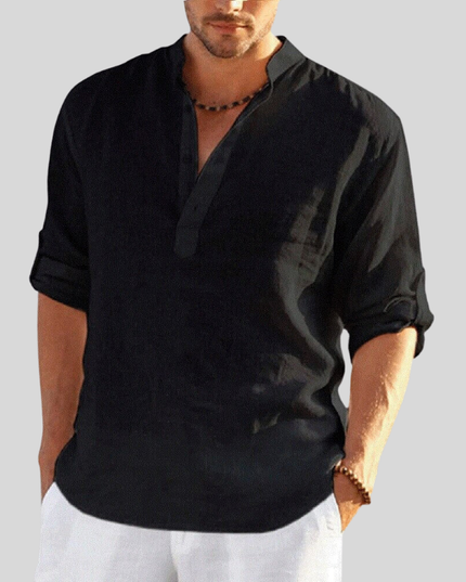 Chemise Henley en lin d'été pour homme à manches longues avec patte de boutonnage