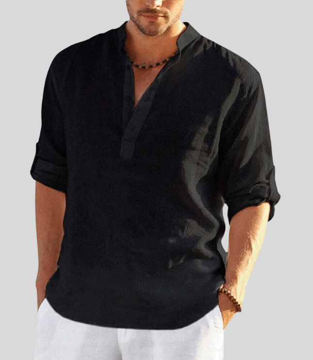 Chemise Henley en lin d'été pour homme à manches longues avec patte de boutonnage