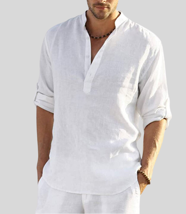 Chemise Henley en lin d'été pour homme à manches longues avec patte de boutonnage