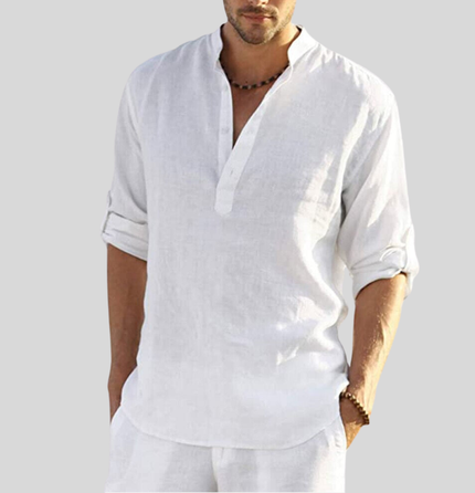 Chemise Henley en lin d'été pour homme à manches longues avec patte de boutonnage