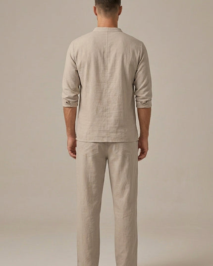 Ensemble d'été pour homme en lin avec col en V lacé en deux pièces