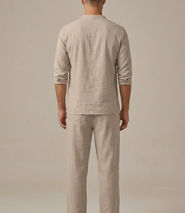 Ensemble d'été pour homme en lin avec col en V lacé en deux pièces