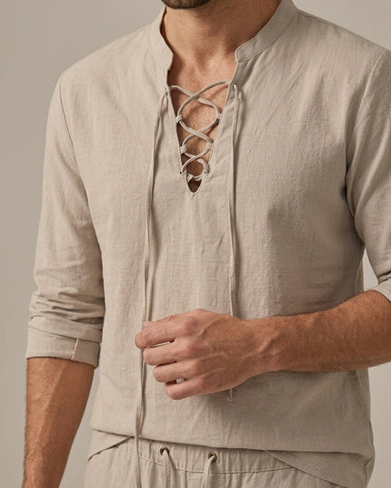 Ensemble d'été pour homme en lin avec col en V lacé en deux pièces