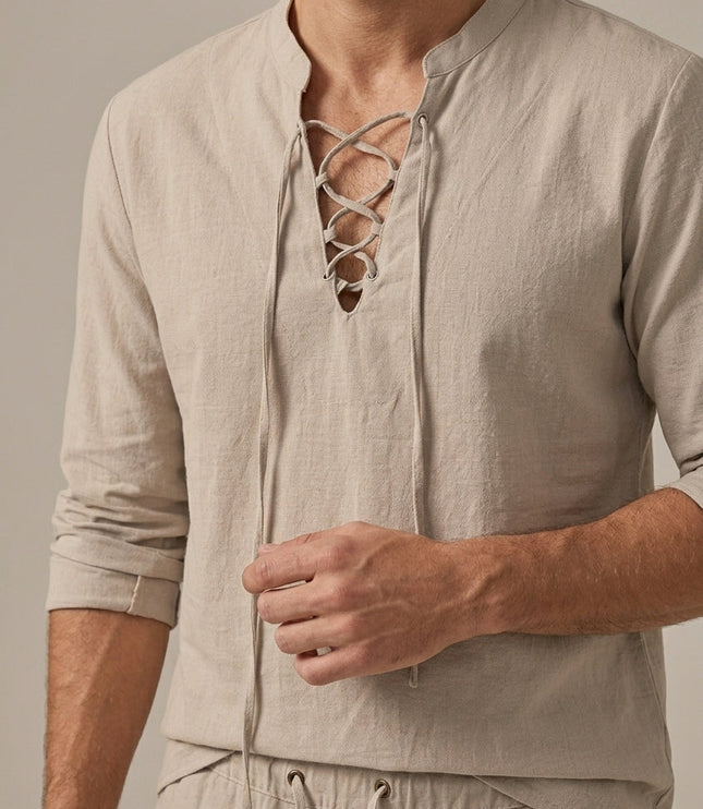 Ensemble d'été pour homme en lin avec col en V lacé en deux pièces