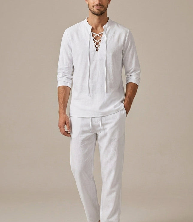 Ensemble d'été pour homme en lin avec col en V lacé en deux pièces