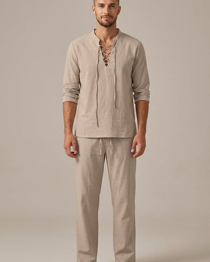 Ensemble d'été pour homme en lin avec col en V lacé en deux pièces
