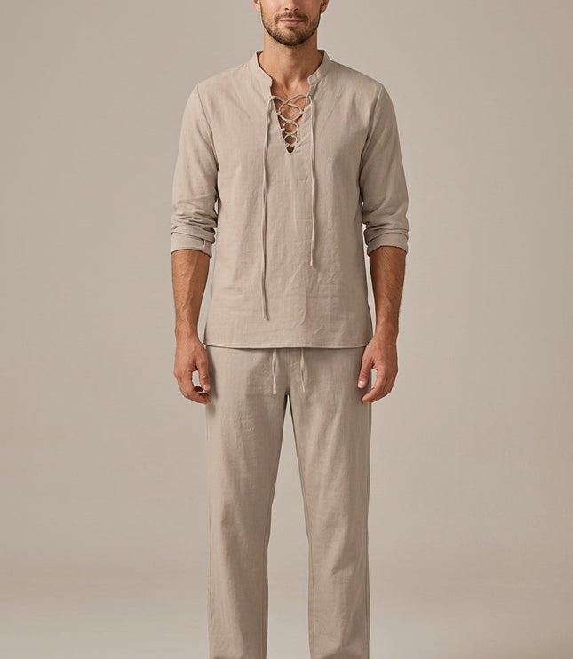 Ensemble d'été pour homme en lin avec col en V lacé en deux pièces