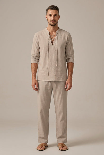 Ensemble d'été pour homme en lin avec col en V lacé en deux pièces