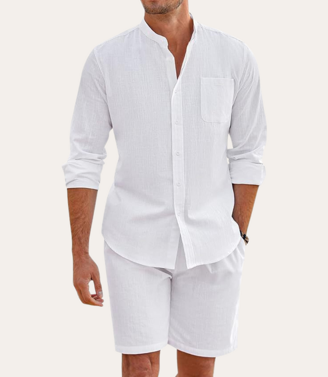 Conjunto de verano para hombre, camisa de lino de manga larga y pantalones cortos para playa
