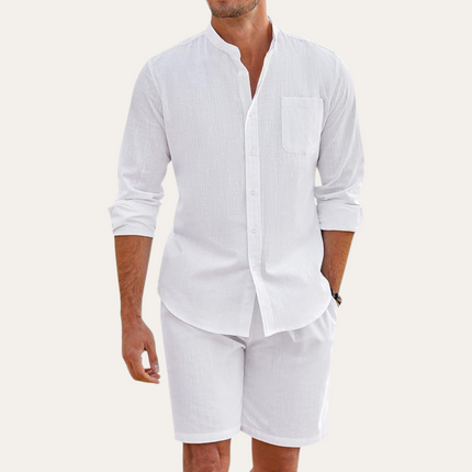 Conjunto de verano para hombre, camisa de lino de manga larga y pantalones cortos para playa