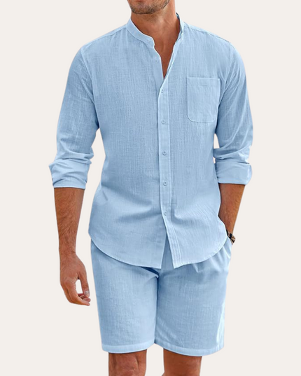 Conjunto de verano para hombre, camisa de lino de manga larga y pantalones cortos para playa