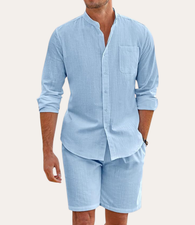 Conjunto de verano para hombre, camisa de lino de manga larga y pantalones cortos para playa