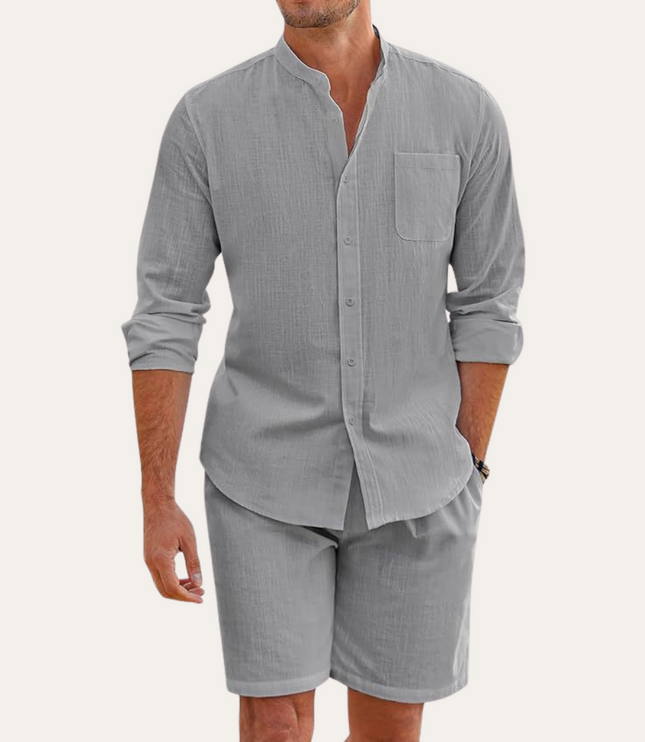 Conjunto de verano para hombre, camisa de lino de manga larga y pantalones cortos para playa