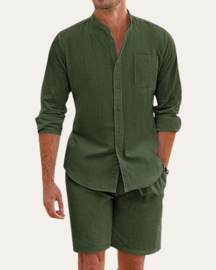 Conjunto de verano para hombre, camisa de lino de manga larga y pantalones cortos para playa