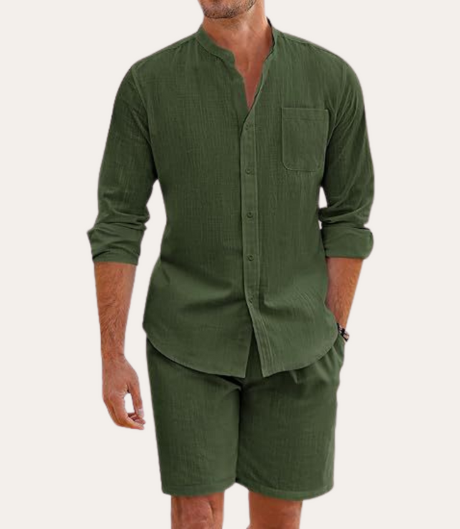 Conjunto de verano para hombre, camisa de lino de manga larga y pantalones cortos para playa