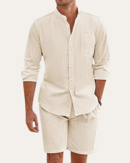 Conjunto de verano para hombre, camisa de lino de manga larga y pantalones cortos para playa