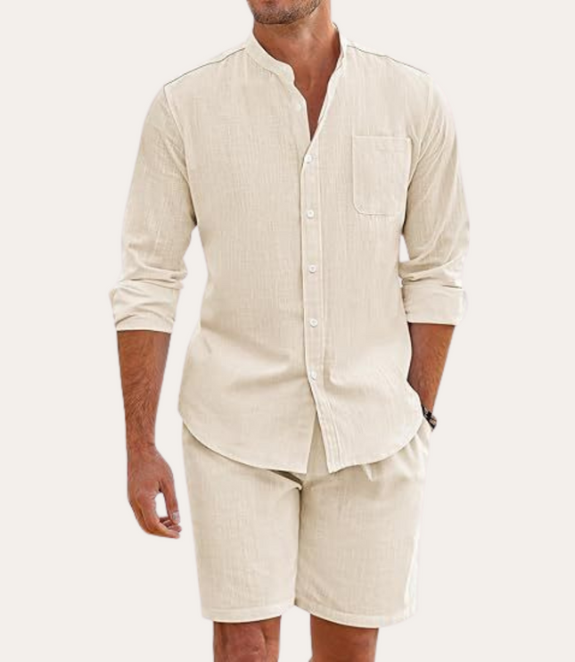 Conjunto de verano para hombre, camisa de lino de manga larga y pantalones cortos para playa