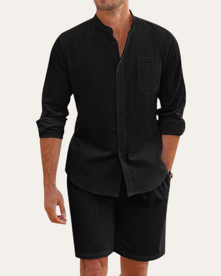Conjunto de verano para hombre, camisa de lino de manga larga y pantalones cortos para playa