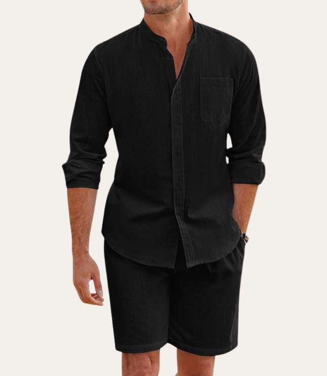 Conjunto de verano para hombre, camisa de lino de manga larga y pantalones cortos para playa