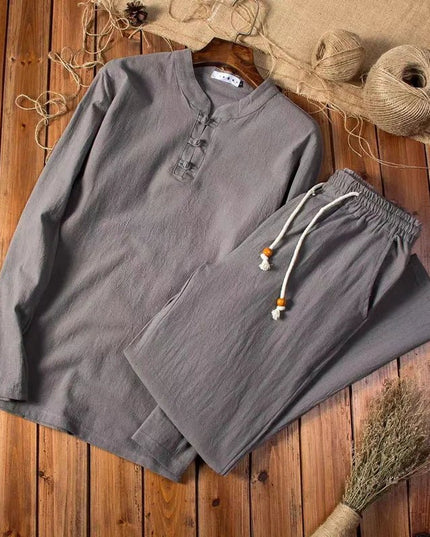 Conjunto de verano para hombre, camisa de lino de manga larga y pantalones