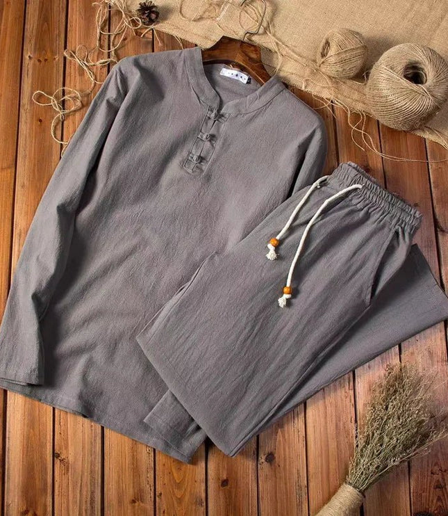 Conjunto de verano para hombre, camisa de lino de manga larga y pantalones