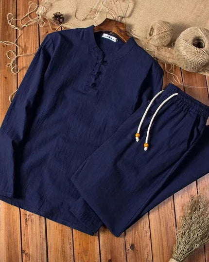 Conjunto de verano para hombre, camisa de lino de manga larga y pantalones