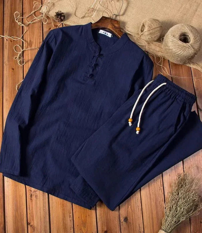 Conjunto de verano para hombre, camisa de lino de manga larga y pantalones