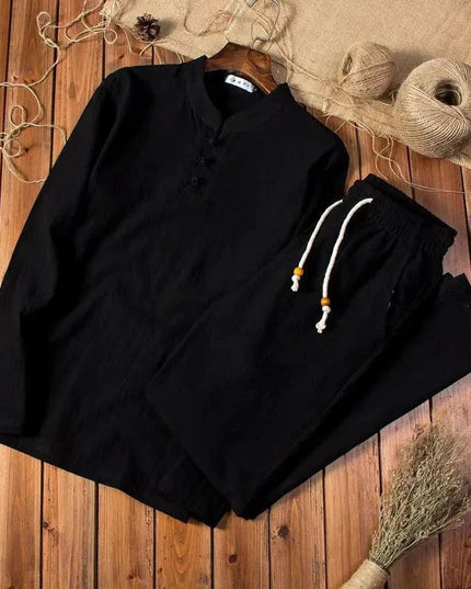 Conjunto de verano para hombre, camisa de lino de manga larga y pantalones