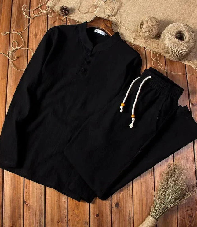 Conjunto de verano para hombre, camisa de lino de manga larga y pantalones