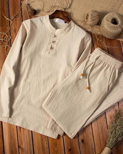 Conjunto de verano para hombre, camisa de lino de manga larga y pantalones