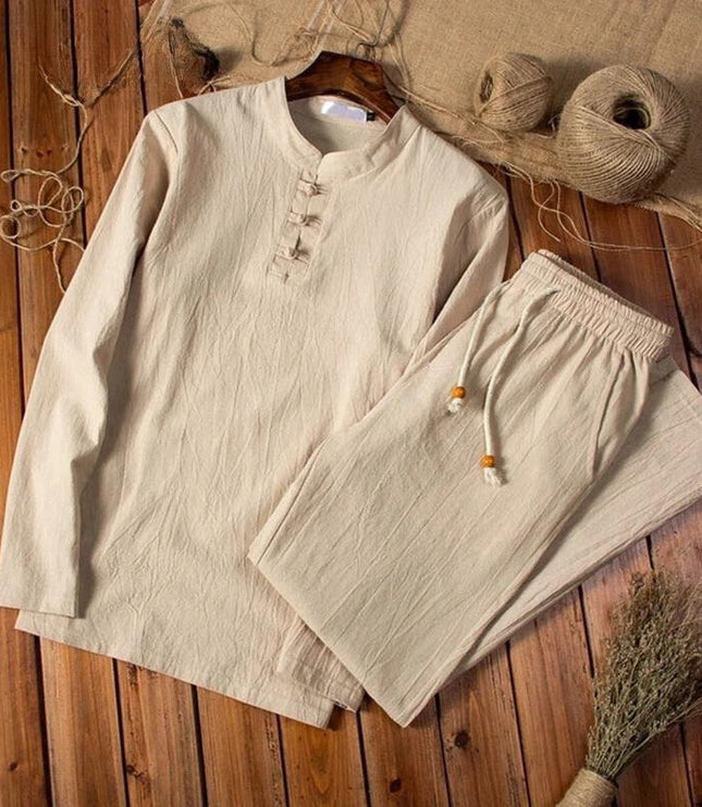 Conjunto de verano para hombre, camisa de lino de manga larga y pantalones