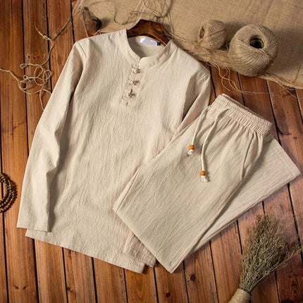 Conjunto de verano para hombre, camisa de lino de manga larga y pantalones