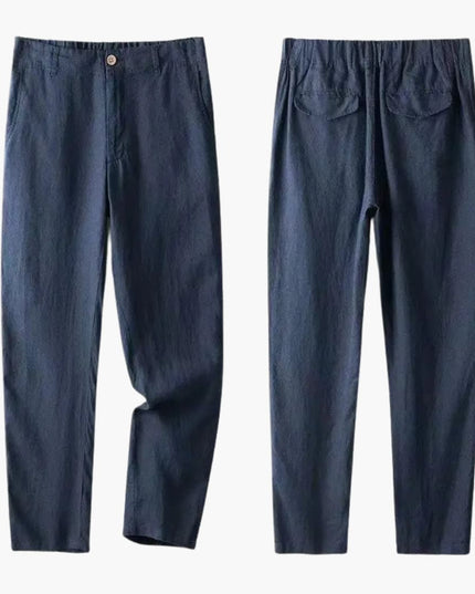 Navy linen straight pants front and back showing relaxed fit and pocket details