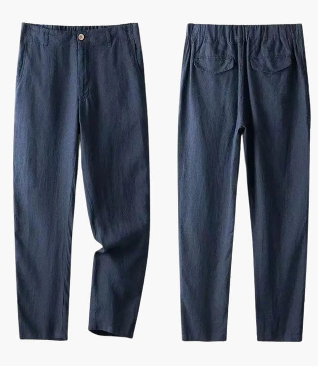 Navy linen straight pants front and back showing relaxed fit and pocket details