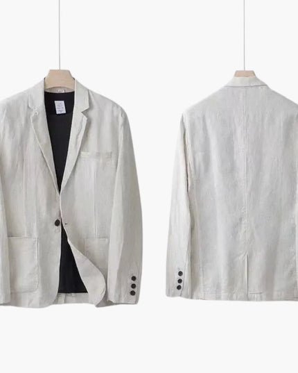 Front and back view of cream linen blazer with notch lapels and patch pockets